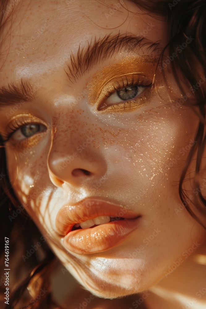 Woman face with glamour gold makeup Woman face with glamour gold makeup