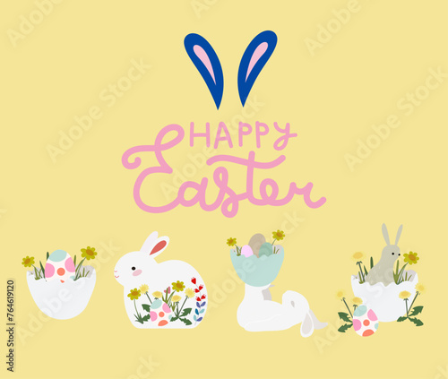 Easter bunnies and easter eggs, Easter greeting card on a yellow background