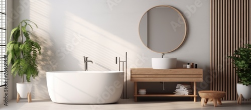 A modern bathroom featuring a big mirror and a stylish wooden vanity, creating a warm and inviting atmosphere photo