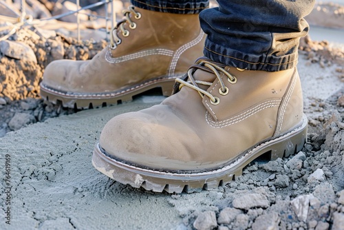 construction boots stepping on a new concrete surface