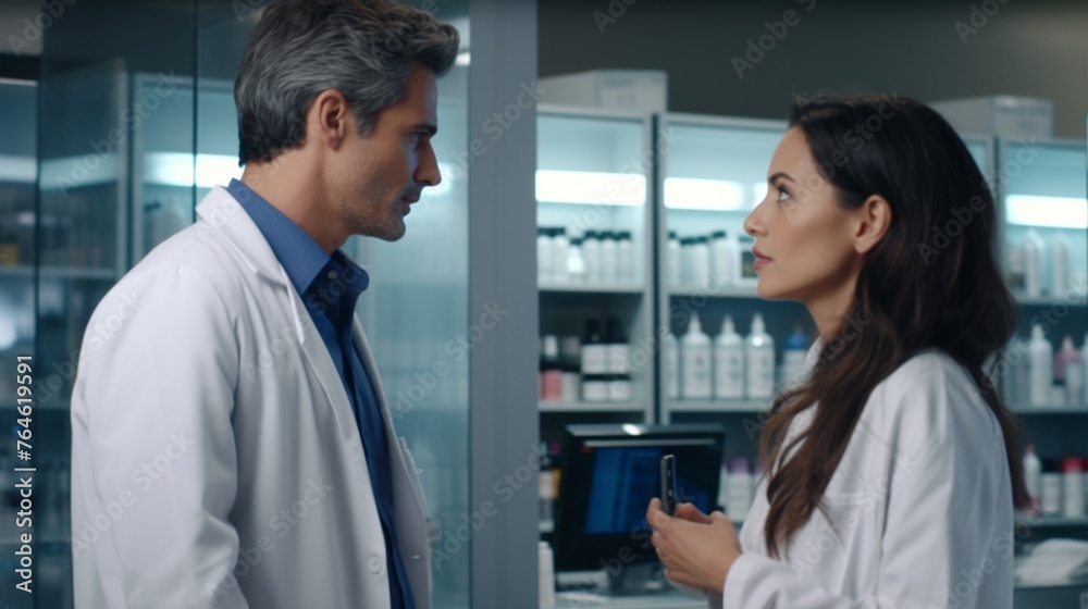A pharmaceutical sales representative engaged in an informative conversation with a female doctor, discussing the latest advancements in medical treatments and medications A pharmaceutical sales representative engaged in an informative conversation with a female doctor, discussing the latest advancements in medical treatments and medications