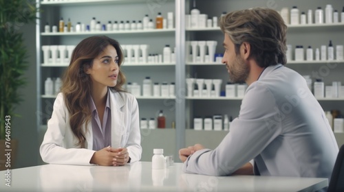 A pharmaceutical sales representative engaging in a professional conversation with a female doctor, providing valuable insights on medical products and treatment options photo