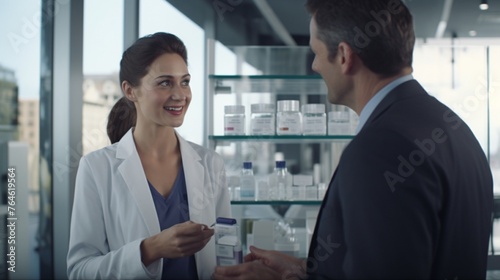 A pharmaceutical sales representative engaged in an informative conversation with a female doctor, discussing the latest advancements in medical treatments and medications photo