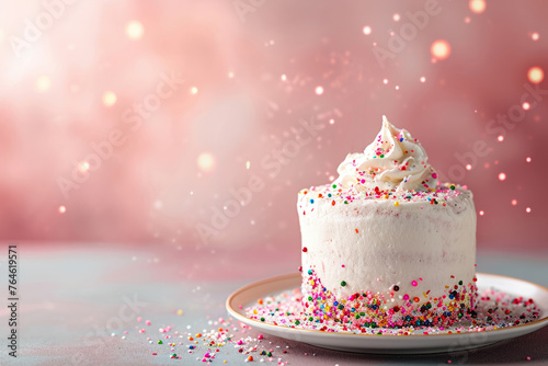 Delicate birthday cake on a blurred pink background. Concept for celebrating children s holidays. Empty space for text.