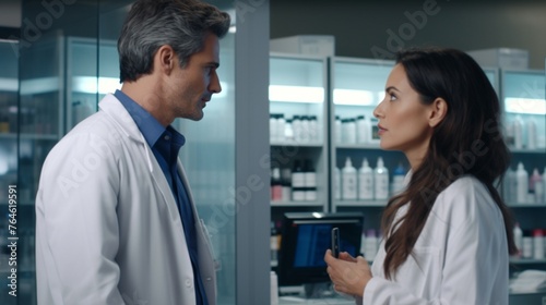 A pharmaceutical sales representative engaged in an informative conversation with a female doctor, discussing the latest advancements in medical treatments and medications photo