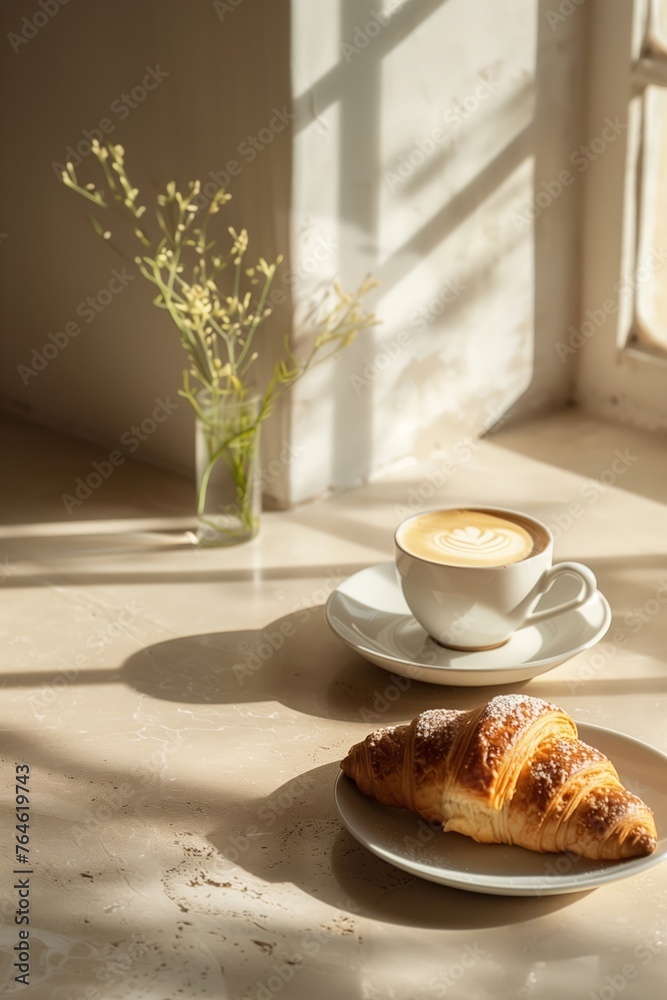 Cozy morning with coffee and croissant. Cozy morning with coffee and croissant.