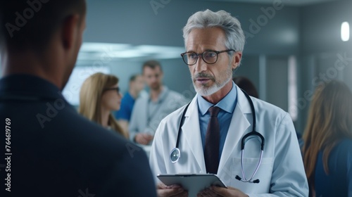 Hospital director in consultation with healthcare staff, discussing strategies for improving patient care and optimizing hospital operations in a professional medical setting, captured in stunning HD  photo