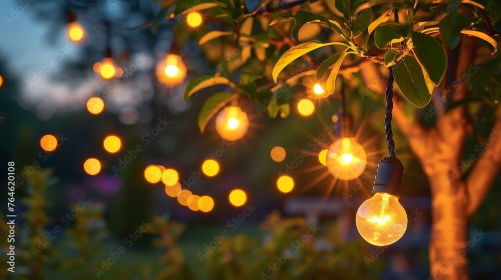Decorative outdoor string lights hanging on tree in the garden at night time, weekend summer night mood