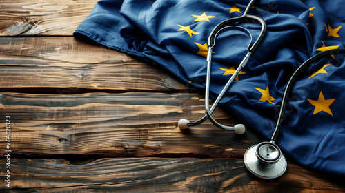 Stethoscope on a European Union flag, healthcare system theme, suitable for medical policy and health care reform context – AI-Generated