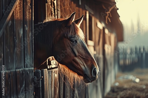 Beautiful horse in the paddock. The concept of breeding purebred animals, can be used for materials about equestrian sports, agriculture business and horse farm. 