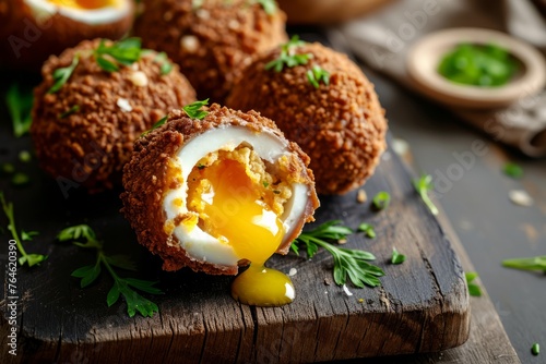 Traditional scotch eggs on a wooden board on a dark background, half sliced with melted yolk inside
