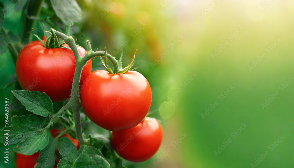 Ripe red tomatoes on a green bush in a greenhouse. Organic agriculture. Natural and healthy garden food.