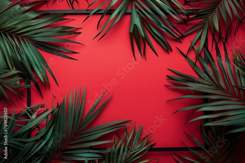 Tropical leaves framing vibrant red background.