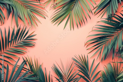 Tropical leaves framing vibrant red background. © Kaplitskaya Love