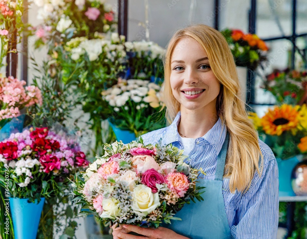woman florist holding beautiful bouquet in flower shop