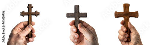Christian Faith Symbols - Variety of Rustic Wooden Crosses Held - On Transparent Background