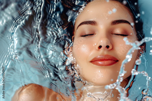 Portrait of a beautiful woman in water. Pretty young lady with closed eyes lying in swimming pool and relaxing