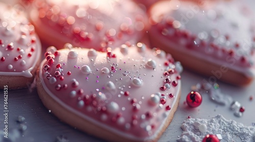 A closeup of heart-shaped cookies decorated with pink and white icing