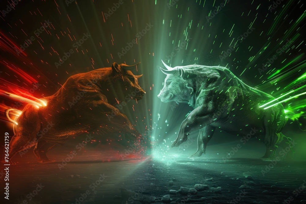 Illuminated bull and bear in dynamic confrontation, embodying stock market trends in a powerful financial concept against a cosmic backdrop - AI generated Illuminated bull and bear in dynamic confrontation, embodying stock market trends in a powerful financial concept against a cosmic backdrop - AI generated