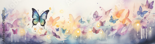 Watercolor painting of a butterfly surrounded by many other butterflies. The butterflies are in various colors and sizes, and the painting has a bright and cheerful mood #764621701
