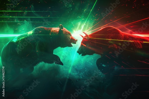 Illuminated bull and bear in dynamic confrontation, embodying stock market trends in a powerful financial concept against a cosmic backdrop - AI generated
