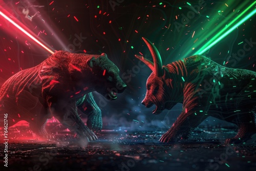 Illuminated bull and bear in dynamic confrontation  embodying stock market trends in a powerful financial concept against a cosmic backdrop - AI generated