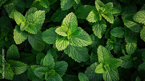 Fresh mint, peppermint, close-up macro, herb, modern, symmetrical vibrant eco background, isolated, abstract organic nature-inspired natural textures banner background, sunny, bright, natural light © Goodwave Studio