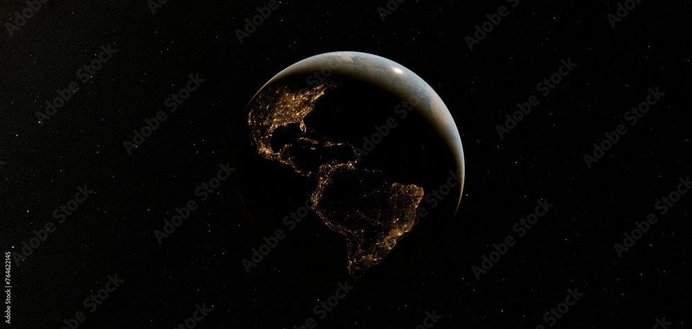 Naklejka premium Dark Realistic look of the Earth in shadows from space. The Earth planet on black background. Night from the space in America. Elements of this image furnished by NASA. 3D rendering