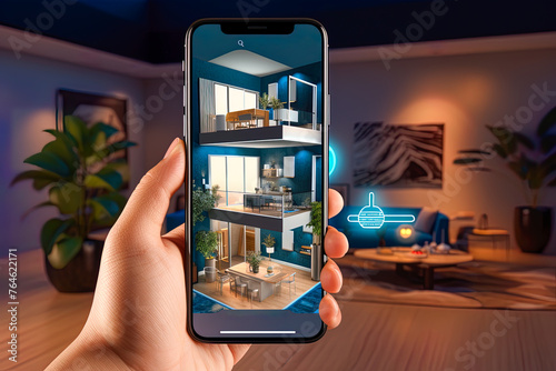 A person is holding a phone that is displaying a virtual home. Scene is cozy and inviting