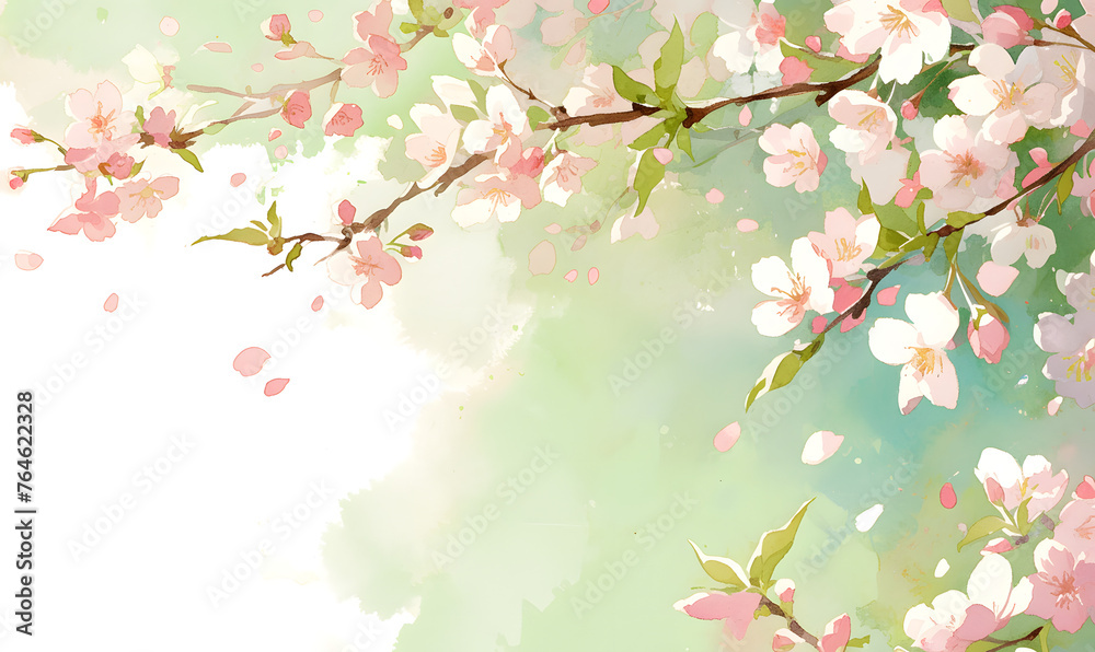 Blossoming cherry branch on green background, Generative AI 