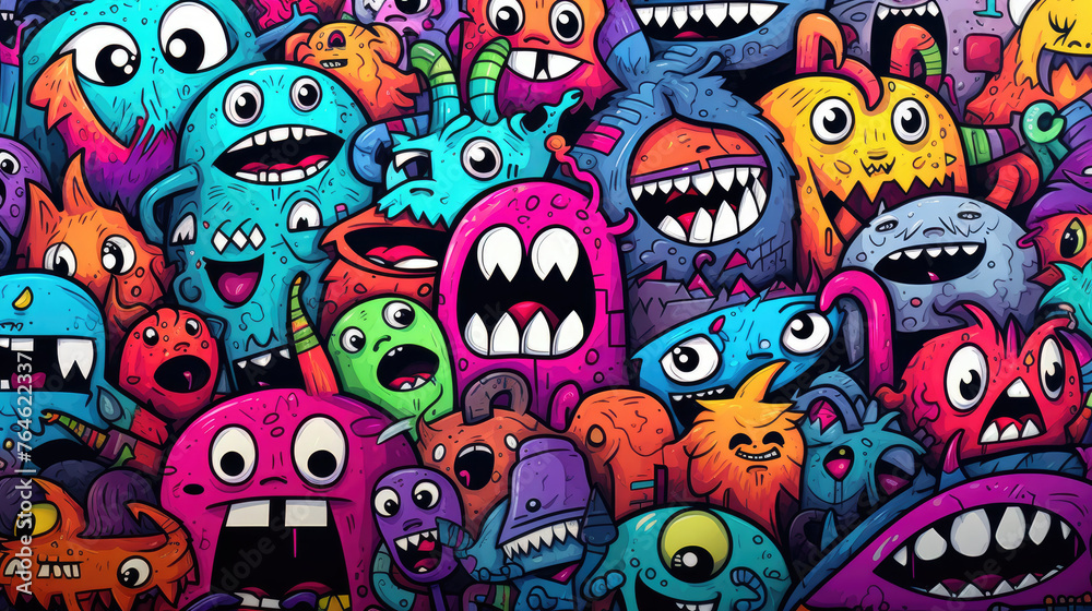 Abstract grunge urban pattern with monster character, Super drawing in graffiti style, bright vibrant retro colors, blue, pink, orange and purple, multicolors background.