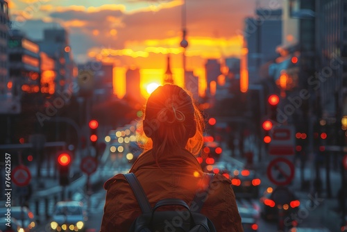 Woman Standing in City at Sunset