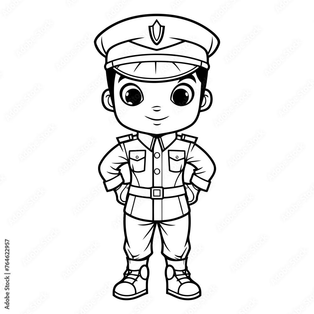 Vector illustration of a boy dressed as a police officer. Coloring book