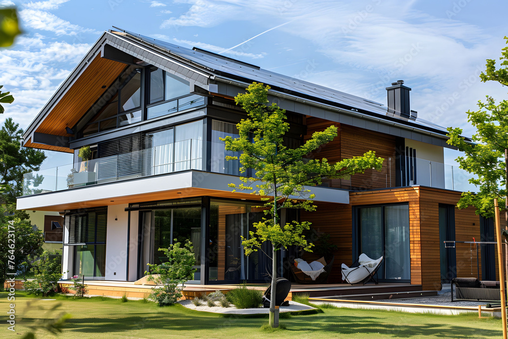 An eco-friendly modern house with solar panels on the roof surrounded by greenery, trees, and plants. The driveway leads to an open garage, highlighting sustainable living and green energy technology.