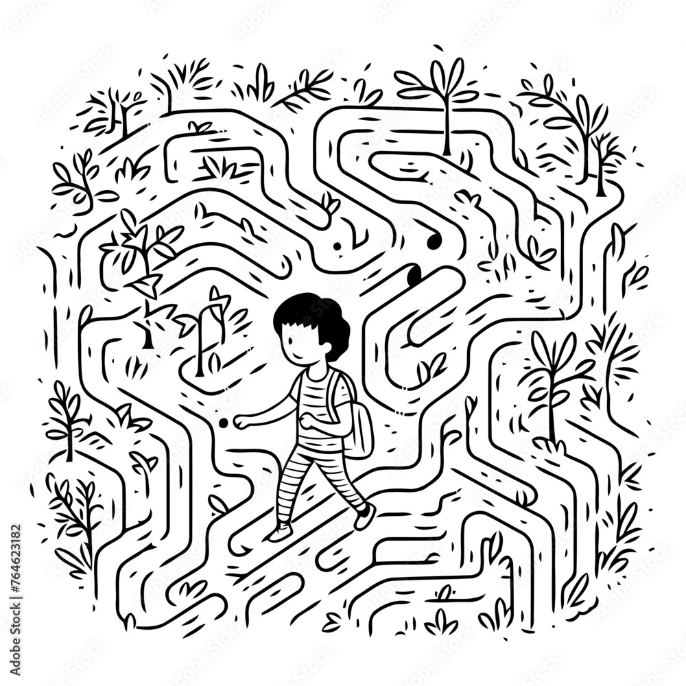 Vector illustration of a maze with a little boy and trees in the background