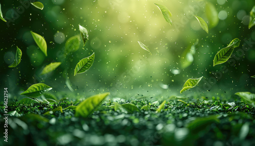 A fresh and vibrant scene of green leaves and sunlight with a magical bokeh effect