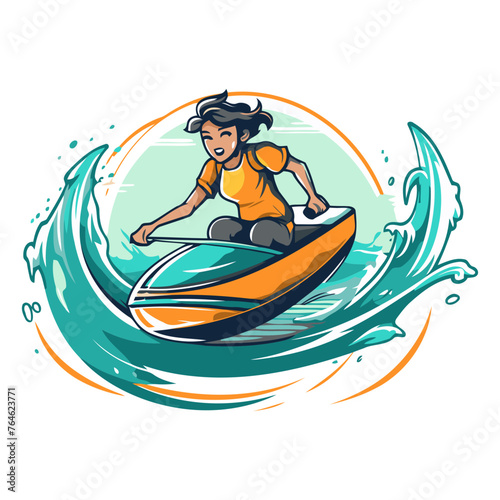 Vector illustration of a young man riding a jet ski in the waves