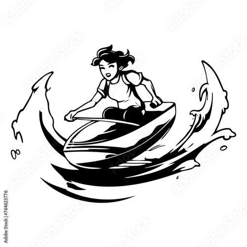 Vector illustration of a young man riding a jet ski in the waves