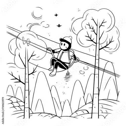 Vector illustration of a boy riding a chairlift in the park.