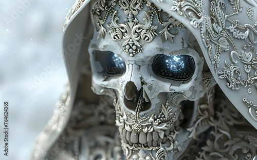 The skull is ornately decorated with an elaborate floral and baroque filigree design, day of dead concept.  © Nim
