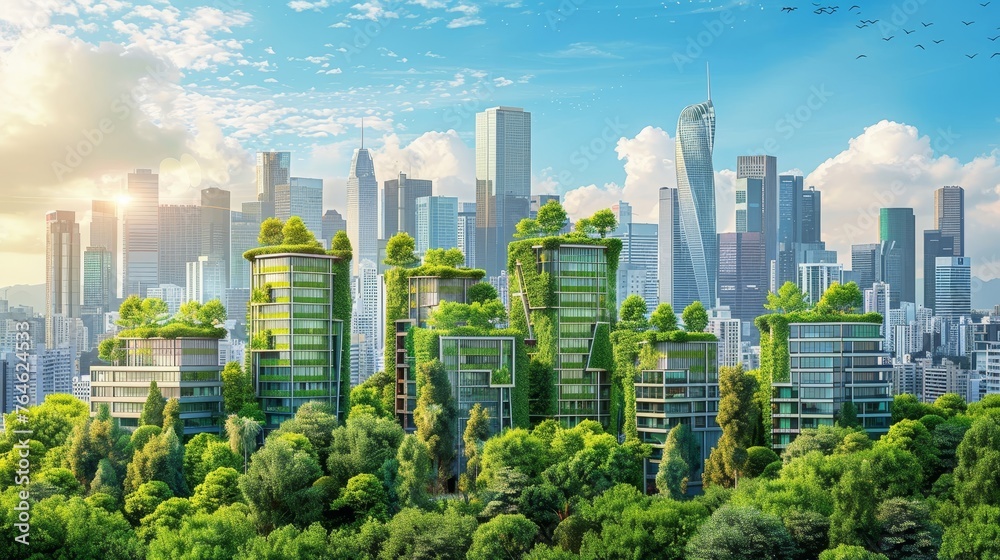 : Eco friendly cityscape architectural innovation with green roofs solar energy