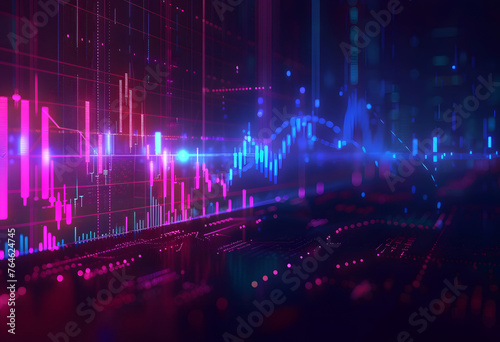 Stock Market Trends Under Blue and Purple Neon Glow: Dynamic Perspective and Depth in Financial Illustration © 思源 蒋