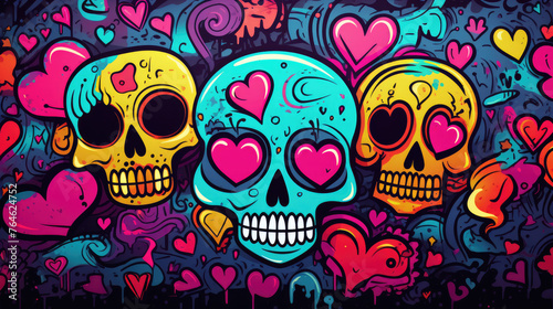 Abstract grunge urban pattern with skull head, monster character, Super drawing in graffiti style, bright vibrant retro colors, blue, pink, orange and purple, multicolors background.