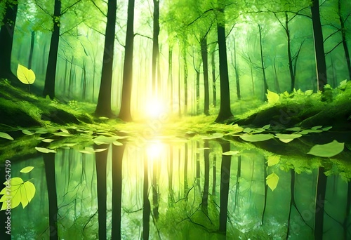 spring forest - fresh leaves and sun ray-