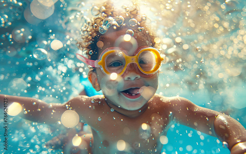 a happy baby swims in the pool underwater