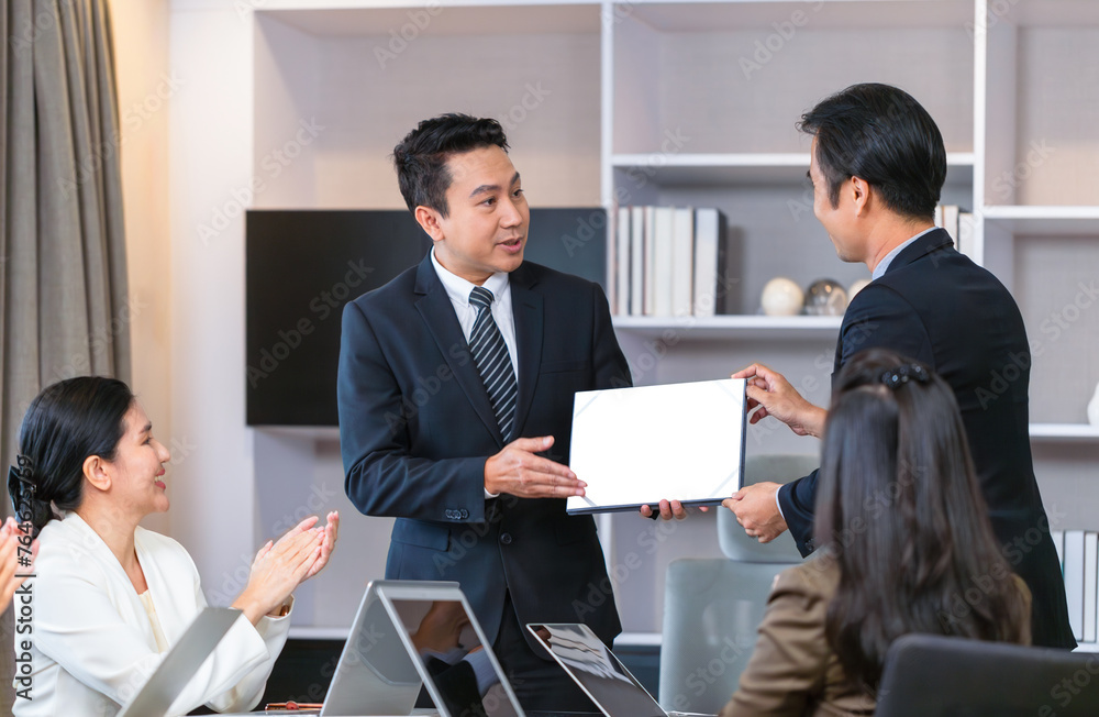 Employee gets a certificate of achievement, Businesspeople with certificates in the office, Manager give appreciation certificate to employees for achievement Employee gets a certificate of achievement, Businesspeople with certificates in the office, Manager give appreciation certificate to employees for achievement