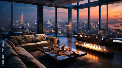 Interior of living room in modern apartment with night city view.