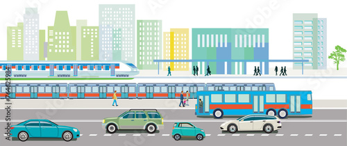 Bahnverkehr und Straßenverkehr mit Bahnhof,, Menschen Illustration