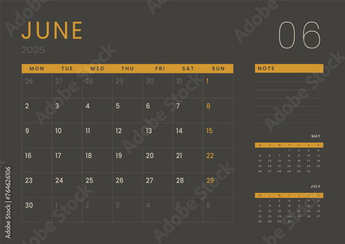 Monthly page Calendar Planner Templates of June 2025. Vector layout of simple calendar with week start Monday for print. Page for size A4 or 21x29.7 cm in dark color