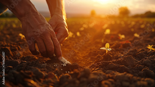 Hand Planting Seeds in Fertile Soil at Sunset